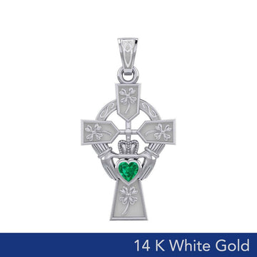 Claddagh Celtic Cross with Lucky Four Leaf Clover 14K White Gold Pendant WPD5359 - Jewelry